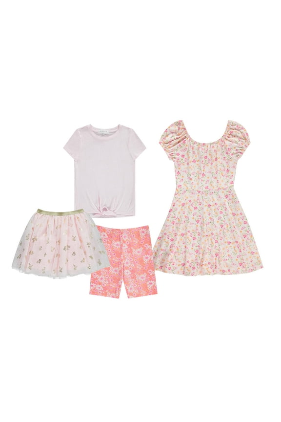 Girls 4-Pack Dress Wardrobe Sleeveless Dress, T-Shirt, Shorts and Skirt, Flora, 6