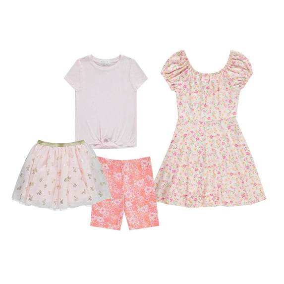 BTween Girls 4-Pack Dress Wardrobe Sleeveless Dress, T-Shirt, Shorts and Skirt, Flora, 7/8