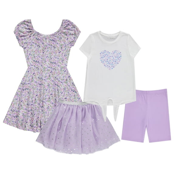 BTween Girls 4-Pack Dress Wardrobe Sleeveless Dress, T-Shirt, Shorts and Skirt, Laven, 10/12