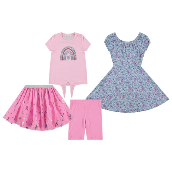 BTween Girls 4-Pack Dress Wardrobe Sleeveless Dress, T-Shirt, Shorts and Skirt, Npink, 7/8