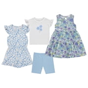 BTween Girls Mix and Match Set 4-Pack Soft Cotton Blend, Shirt. Biker Short, Dress and Romper, Canal, 6