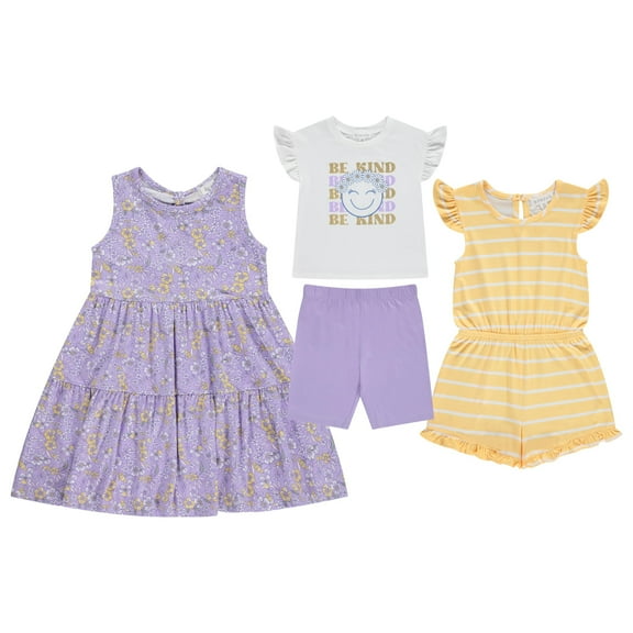 BTween Girls Mix and Match Set 4-Pack Soft Cotton Blend, Shirt. Biker Short, Dress and Romper, Laven, 6
