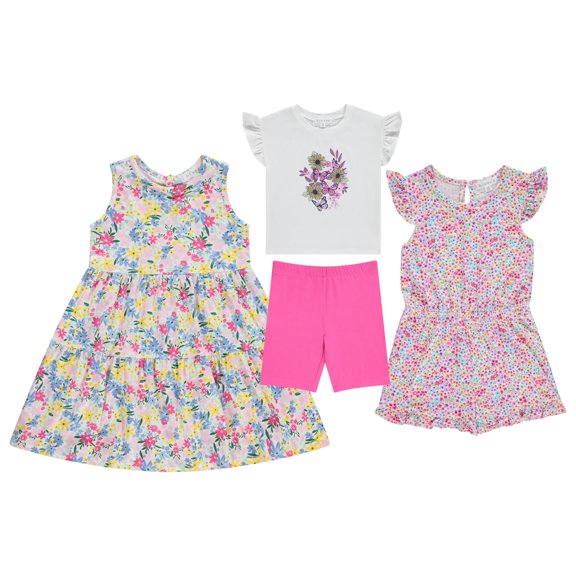 BTween Girls Mix And Match Set 4-Pack Soft Cotton Blend, Shirt. Biker Short, Dress and Romper, Vpink, 4/5