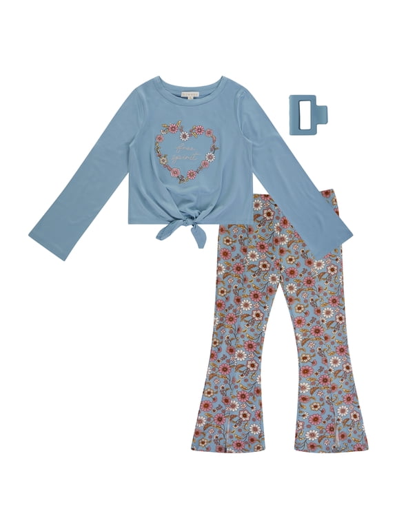Girls 2-Piece Bell Sleeve Top and Split Flare Leggings Set, Dusty Blue, Size 6
