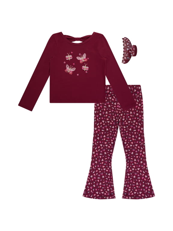 Girls 2-Piece Bow Back Top and Flare Leggings Set, Rhododendron, Size 8
