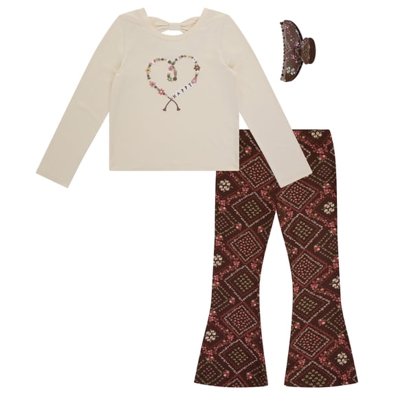 BTWEEN Girls 2-Piece Bow Back Top and Flare Leggings Set, Cream/Brown Floral, Size 5