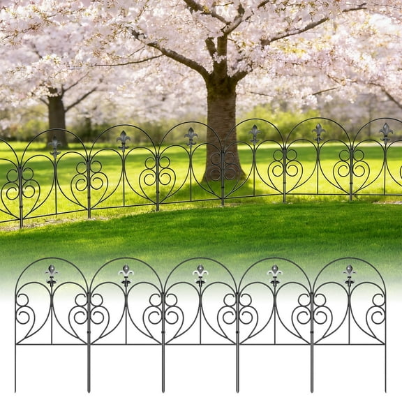 BTY 10 Piece Set, 10FT Decorative Garden Fence -24in Tall Black Metal Picket Fence Panels, Rust-Proof Pet Barrier for Yard/Flower Bed