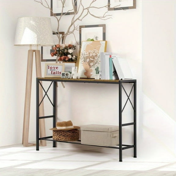 BTY 15 Inch Black Console Table, Slim Entryway Table with Storage Shelf | Modern Hallway Accent Table for Foyer, Living Room & Small Spaces