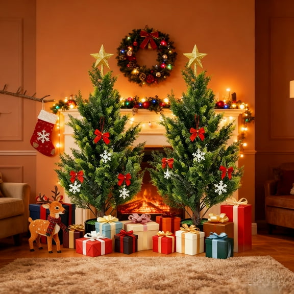 BTY 2.3Ft Artificial Cedar Topiary Trees,2 Pack Faux Pine Cypress Plants for Front Porch Decor,Realistic Fake Plants for Home Front Door Offices,Xmas Decor Indoor/Outdoor