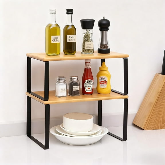 BTY 2 Pack Bamboo Cabinet Shelf Organizers, Kitchen Counter Shelves, Black