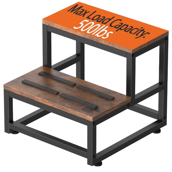 BTY 2 Step Stool, Wooden Step Stools with Wood Metal Frame, 500 lbs Heavy Duty Non-Slip Step Stool for High Bed, Kitchen, RV Step - Rustic Brown