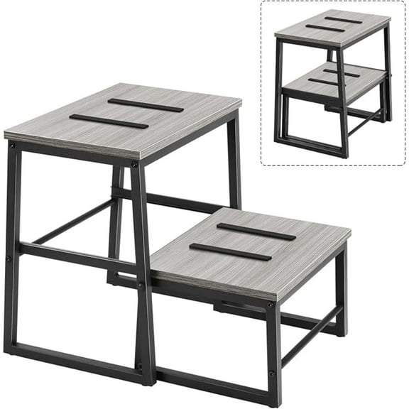 BTY 2 Step Stools for Adults & Kids, Heavy Duty 2-in-1 Stepping Stools Adjustable Retractable Wooden Stool, Metal Frame, Non-Slip Bedside Foot Stool, for Bed, Kitchen, Bathroom, RV Step - Grey