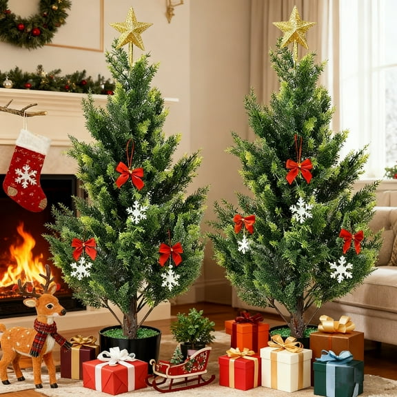 BTY 3Ft Artificial Cedar Topiary Trees,2 Pack Faux Pine Cypress Plants for Front Porch Decor,Realistic Fake Plants for Home Front Door Offices,Xmas Decor Indoor/Outdoor