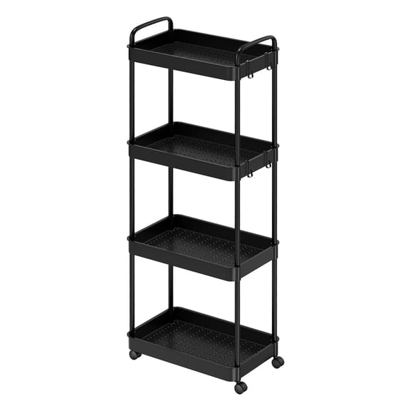BTY 4-Tier Plastic Rolling Utility Cart with Handle - Multi-Functional Movable Storage Trolley with Wheels for Office, Living Room, Kitchen - Space-Saving Organizer Black