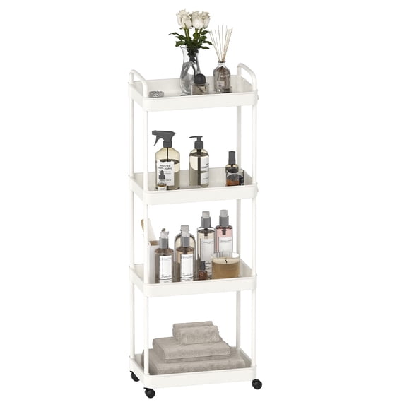 BTY 4-Tier Plastic Rolling Utility Cart with Handle - Multi-Functional Movable Storage Trolley with Wheels for Office, Living Room, Kitchen - Space-Saving Organizer White
