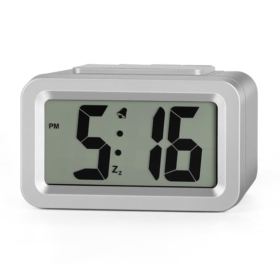 BTY Digital LCD Alarm Clock - Compact Battery Operated Desk Clock with Light Sensor Backlight for Bedroom, Office, Kids (Silver)