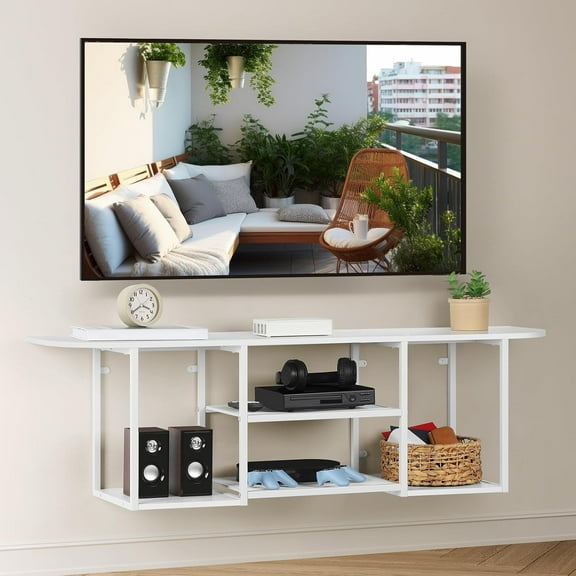 BTY Floating TV Stand for 50" TV Wall Mounted Entertainment Center with 3 Tier Open Storage Shelf, Wooden Media Console for Living Room, Bedroom, Under TV Shelf, White