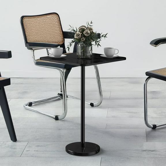 BTY Modern Black Wood & Black Marble Side Table – Sleek Narrow End Table for Living Room, Sofa Side, Bedroom (Black Top/Black Pole/Marble Base)