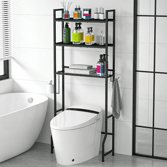 BTY Over The Toilet Storage, 3 Tier Organizer Wooden Freestanding Stand Spacesaving with 4 Hooks, for Bathroom Restroom Laundry, Black