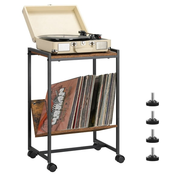 BTY Record Player Stand, 2-Tier Turntable Table with Vinyl Record Storage Shelf, Multi-Functional End Table/Nightstand with Metal Frame & Removable Wheels, Rustic Brown