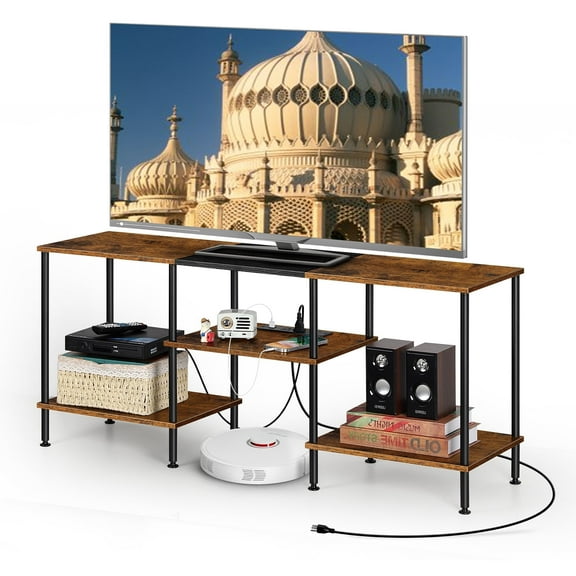 BTY Small Entertainment Center with Storage 50 inch TV Console Table with Charging Station 3 Tier Modern TV Table Stand for Bedroom, Living Room, Brown