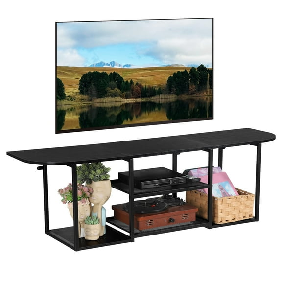 BTY Wall Mounted TV Shelf with Storage Modern Floating Entertainment Center for 50" TVs, Open Compartments, Rustic Wood TV Stand for Living Room, Bedroom, Black