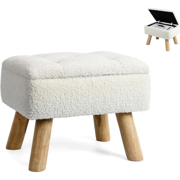 BTY Storage Ottoman,Teddy Fabric 2-in-1 Stool with Lift Top and Hidden Compartment | Plush Upholstered Bench for Living Room Bedroom Entryway White