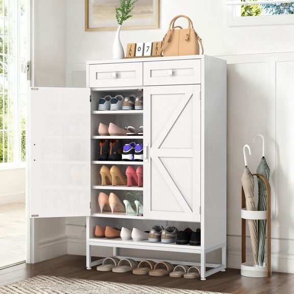 BTY Wooden Shoe Cabinet with 2 Top Drawers & Barn Door, Sturdy Entryway Shoe Rack Organizer for Hallway Bedroom Closet Living Room White