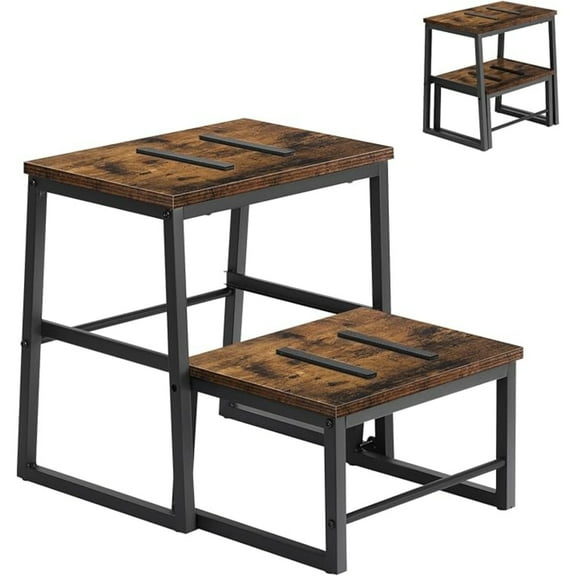 BTY2 Step Stools for Adults & Kids, Heavy Duty 2-in-1 Stepping Stools Adjustable Retractable Wooden Stool, Metal Frame, Non-Slip Bedside Foot Stool, for Bed, Kitchen, Bathroom, RV Step - Rustic Brown