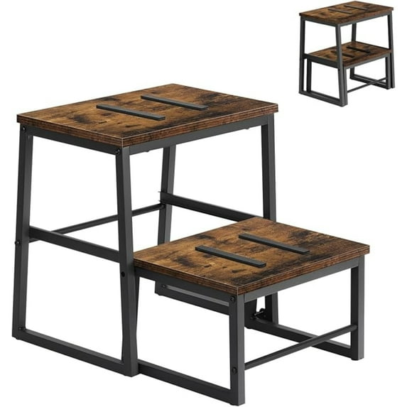 BTY2 Step Stools for Adults & Kids, Heavy Duty 2-in-1 Stepping Stools Adjustable Retractable Wooden Stool, Metal Frame, Non-Slip Bedside Foot Stool, for Bed, Kitchen, Bathroom, RV Step - Rustic Brown