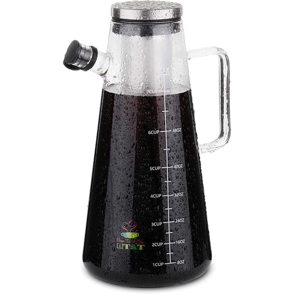 BTaT- Airtight Cold Brew Iced Coffee Maker Pitcher, 2 Liter/ 64 oz, Iced Tea Maker with Spout, Brewing Glass Carafe with Removable Stainless Steel Filter