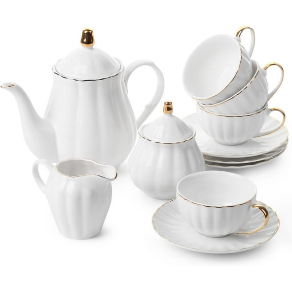 BTaT- Classic tea set, 13 pcs, Tea Cups (7oz), Tea Pot with Stainless Steel Infuser (32oz), Creamer and Sugar Set, Porcelain Tea Set, White Tea Set, Tea Pot Sets with Cups