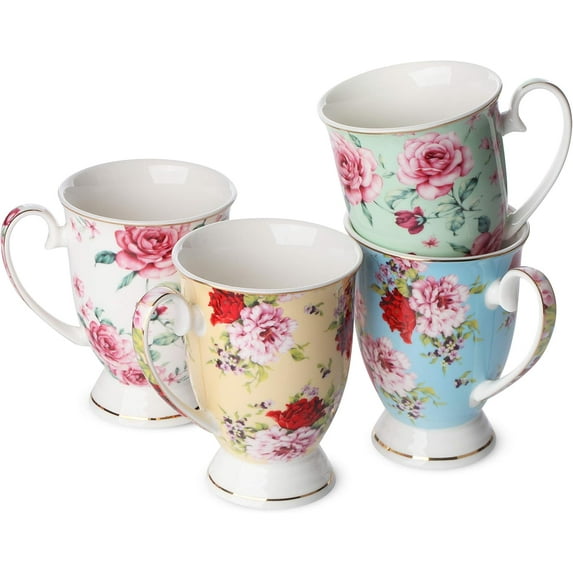 BTaT- Coffee Mugs, 12 oz, Set of 4, Floral Mugs, Porcelain Bone China, Tea Mug, Coffee Cups