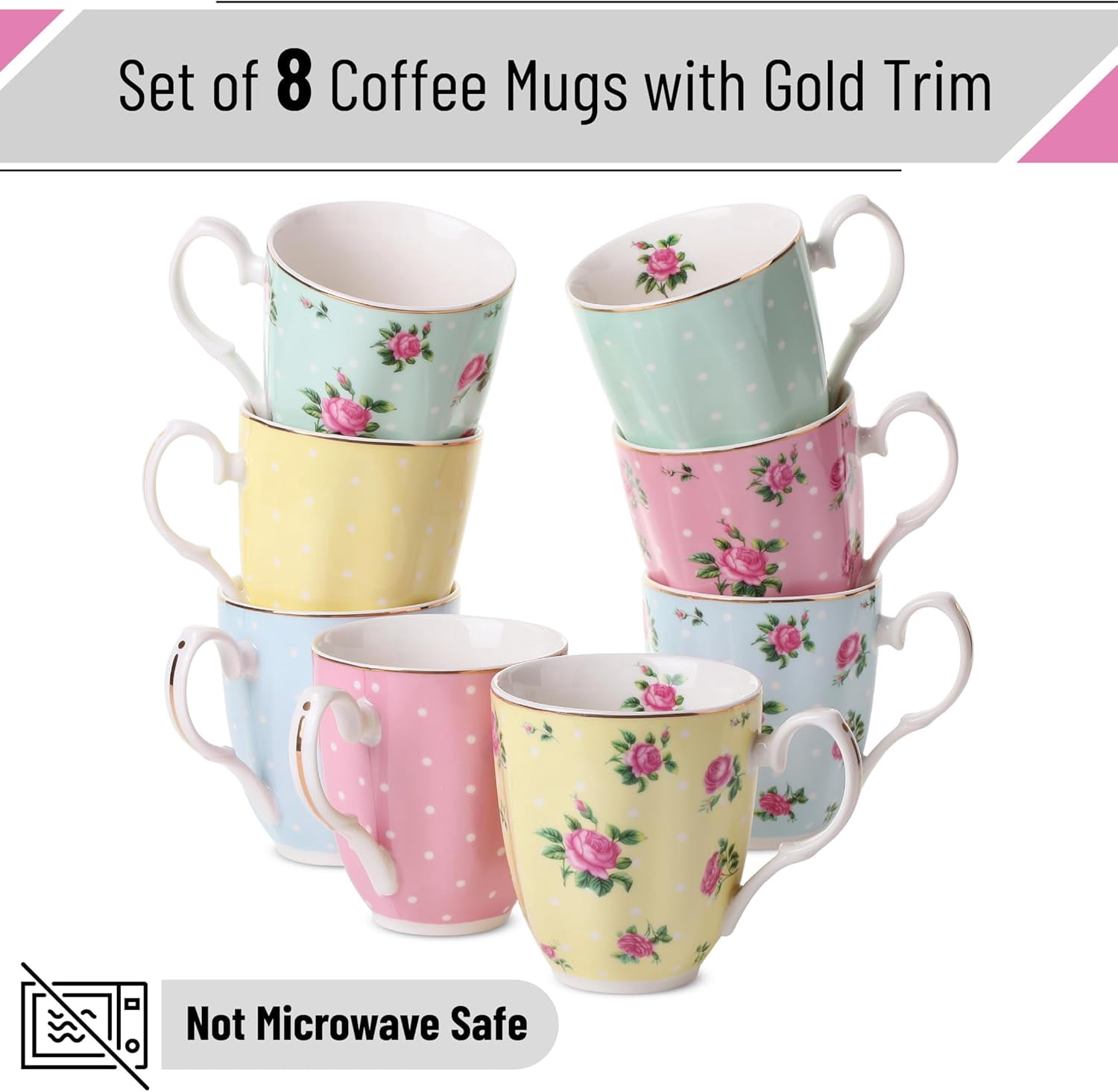 Gracie Bone China Wild Meadow Mugs, Set Of 4, 12-Ounce Floral Coffee Cups, Dishwasher & Microwave Safe