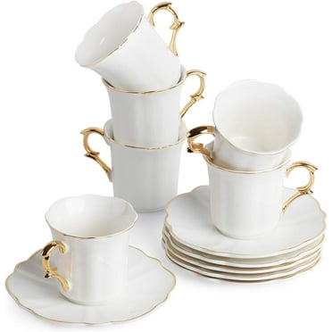 BTaT- Espresso Cups and Saucers, 2.4 oz, Set of 6, Gold Trim and Gift Box