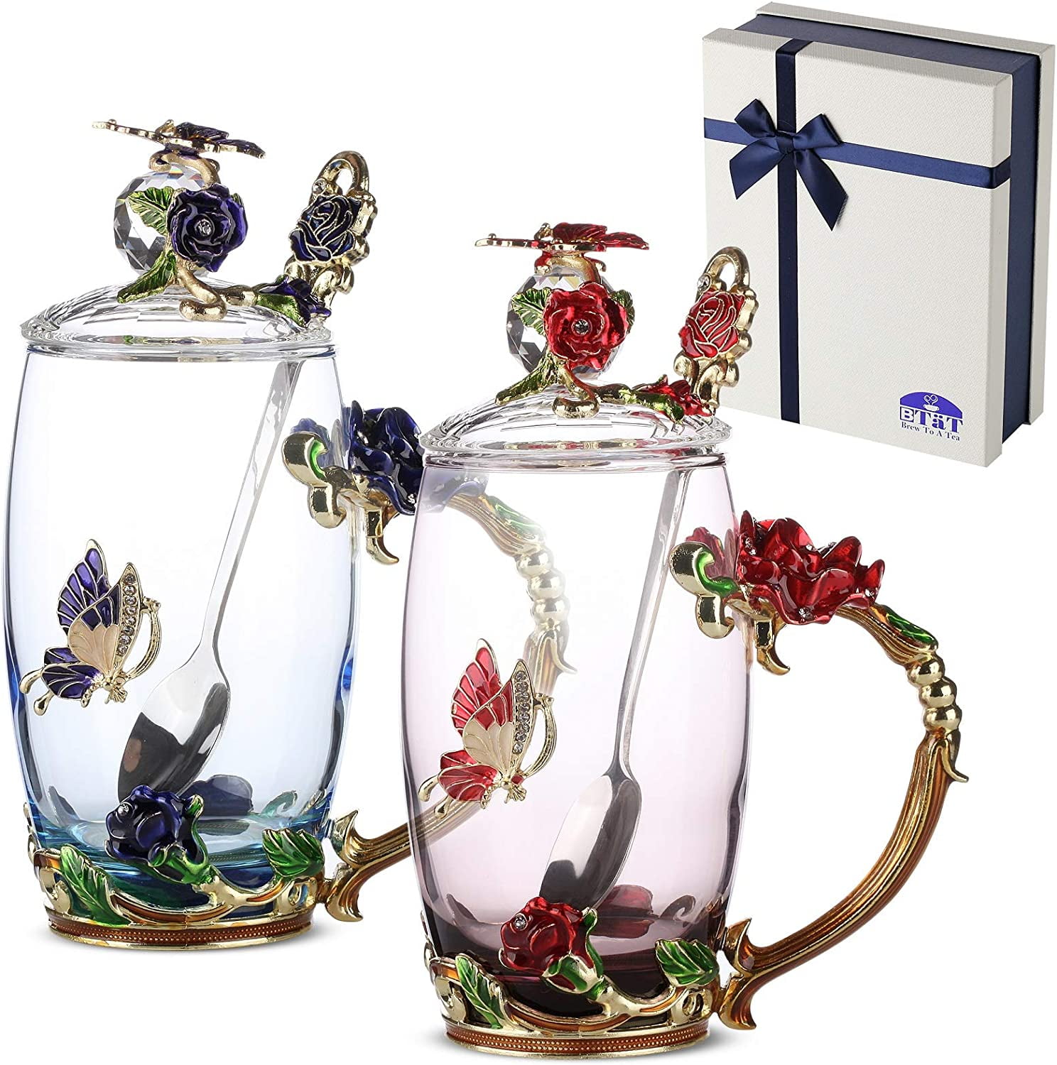 BTaT- Floral Tea Cups And Saucers, Set Of 2, 8oz, With Gold Trim And Gift Box