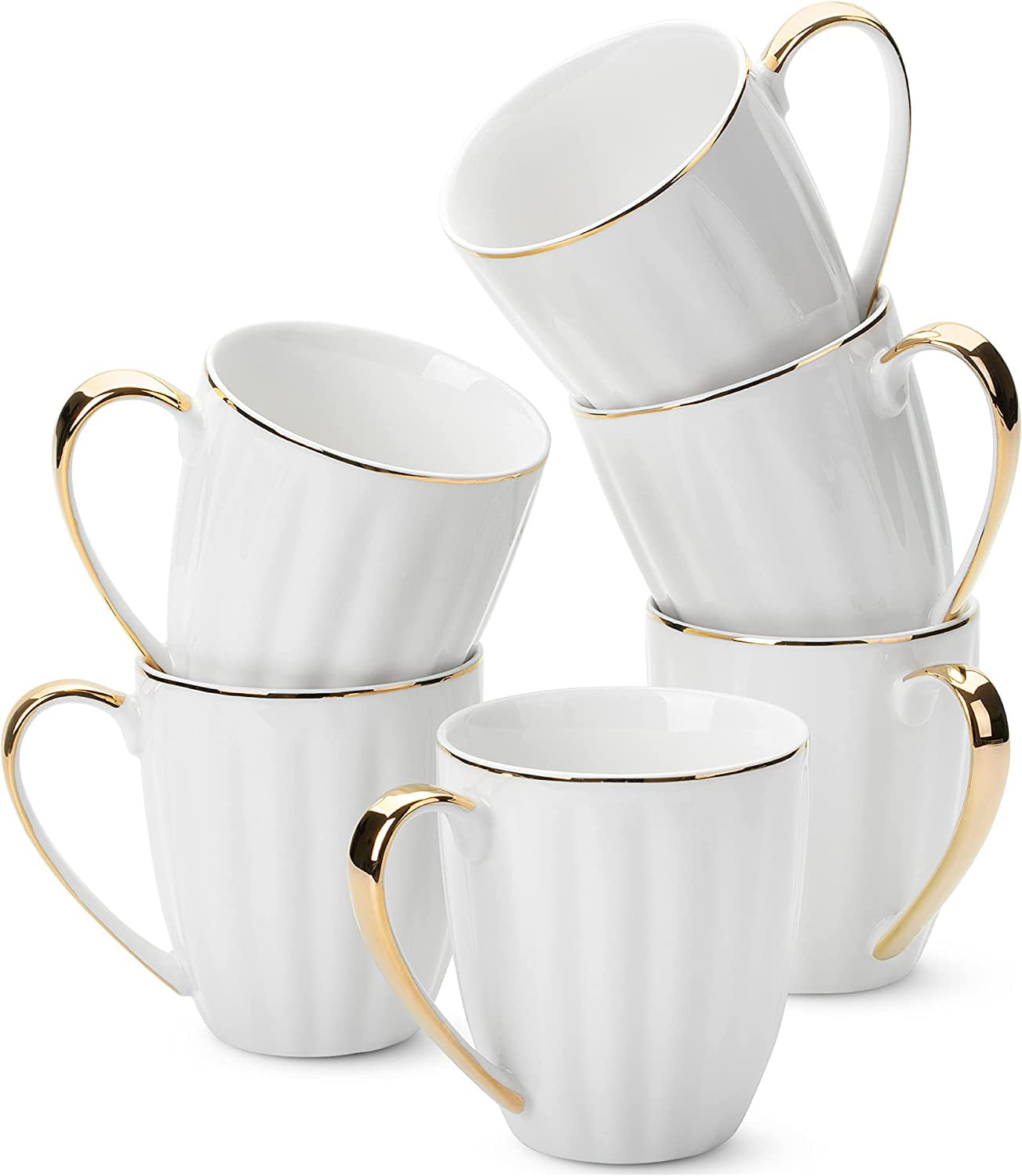 White Porcelain Coffee Mugs with Gold Trim, Set of 6