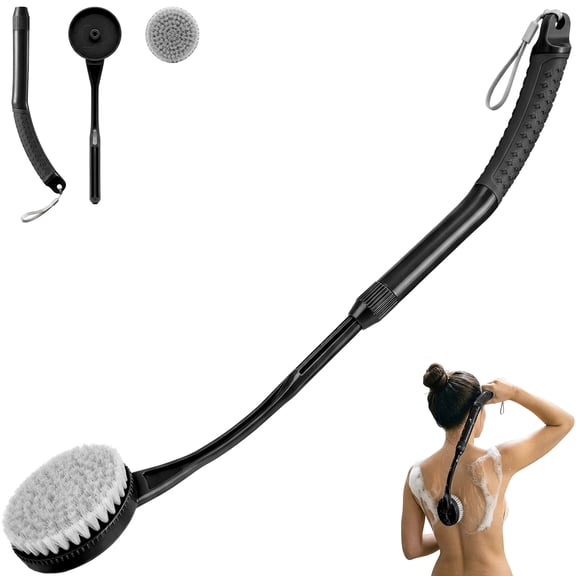BTideas Long Handle Retractable Bath Brush,25.7'' Anti Slip Back Scrubber for Shower for Adult,Black