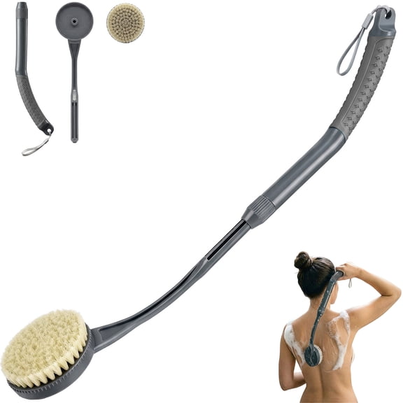BTideas Long Handle Retractable Bath Brush,25.7'' Anti Slip Back Scrubber for Shower for Adult(Grey)