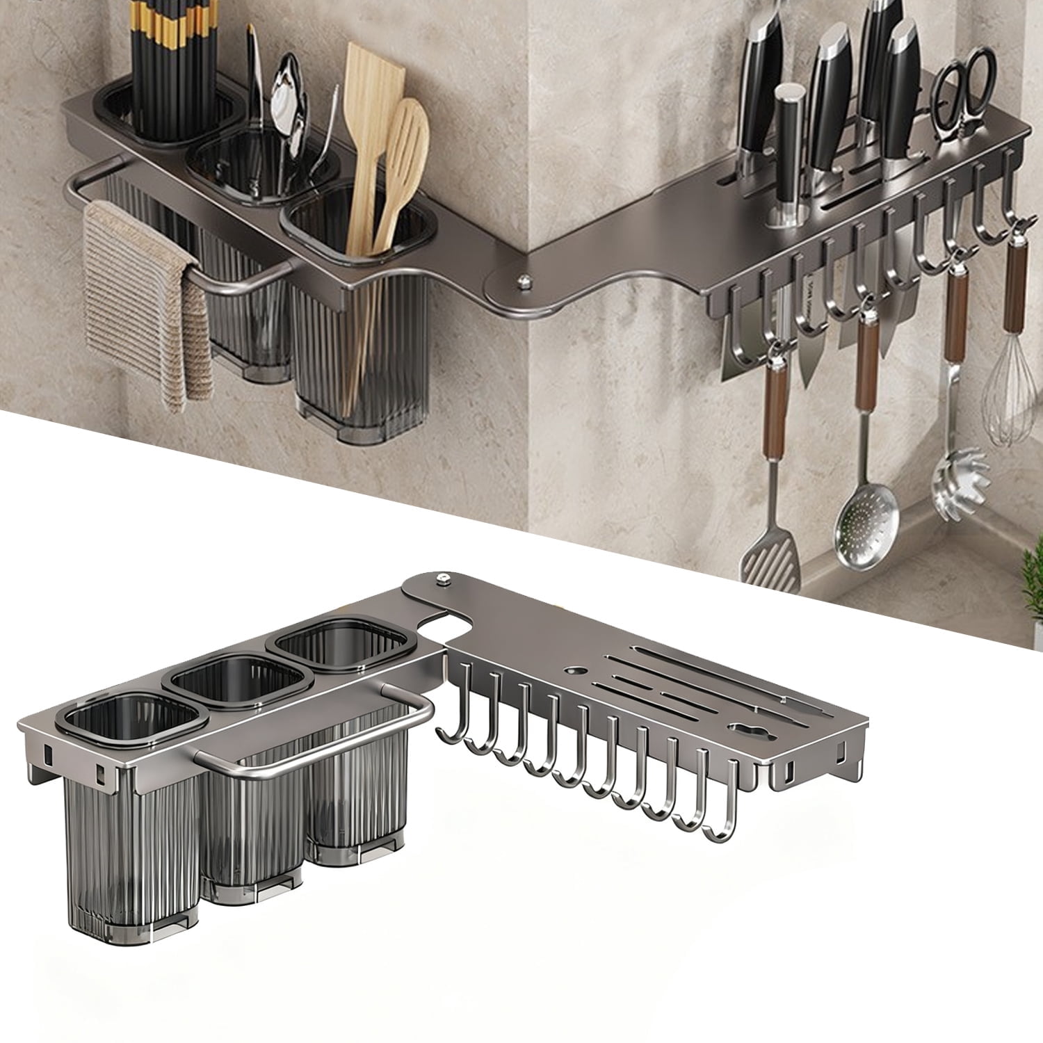 BTideas Wall Mounted Knife Holder,Rotate 90° Knife Organizer with 10 Hooks,Kitchen Utensil Organizer