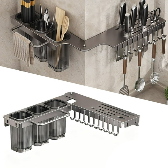 BTideas Wall Mounted Knife Holder,Rotate 90 Knife Organizer with 10 Hooks,Kitchen Utensil Organizer