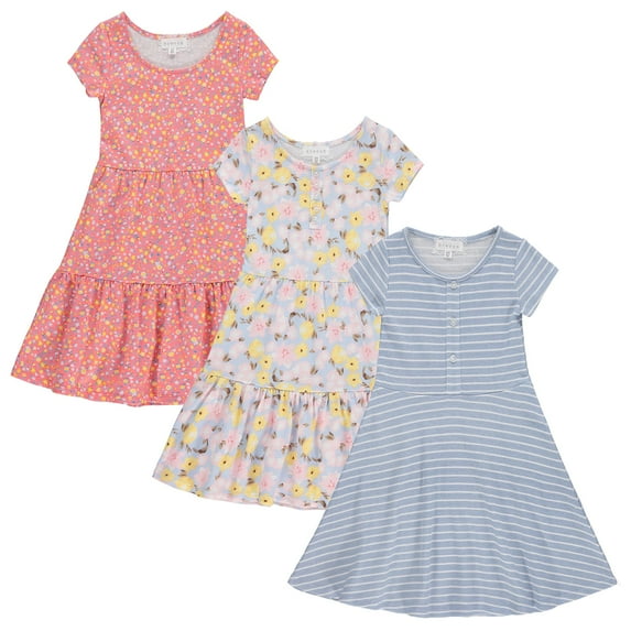 BTween 3-PC Girls Summer Dress Set - Short Sleeve Casual Skater Dresses - Blue Stripe, Red/Grey Floral, Size 14-16
