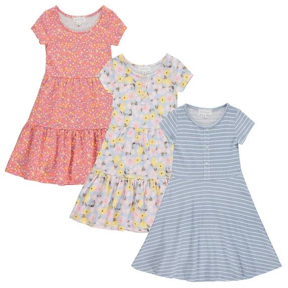 BTween 3-PC Girls Summer Dress Set - Short Sleeve Casual Skater Dresses - Blue Stripe, Red/Grey Floral, Size 6-6X