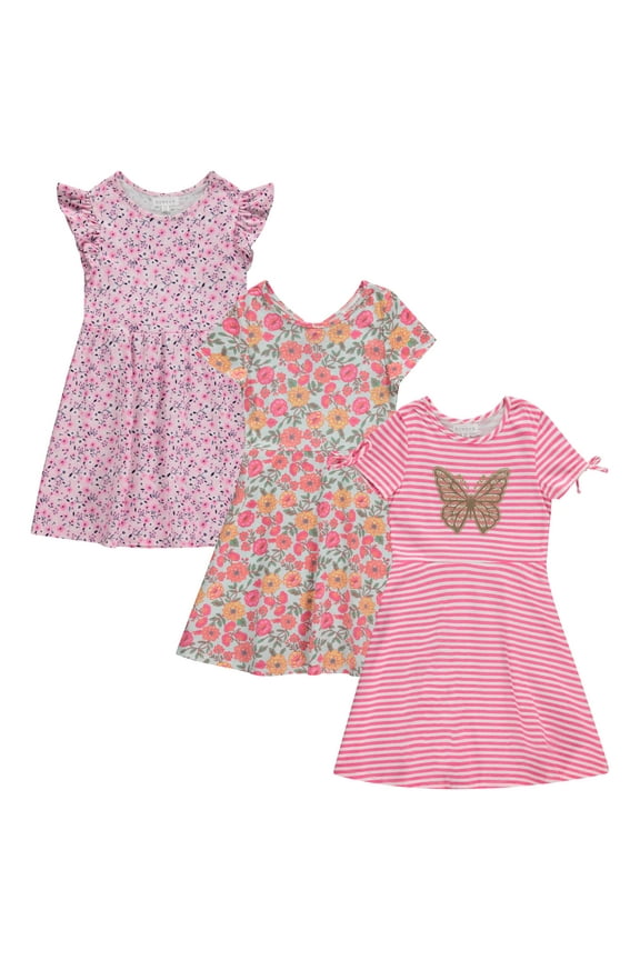 3-PC Girls Summer Dress Set - Short Sleeve Casual Skater Dresses, Kids Sizes 10-12