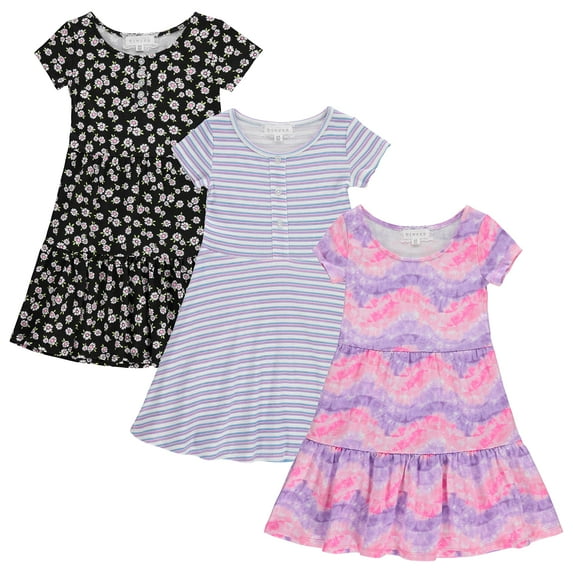 BTween 3-PC Girls Summer Dress Set - Short Sleeve Casual Skater Dresses - Purple Stripe/Black Floral/Pink Tie Dye, Size 7-8