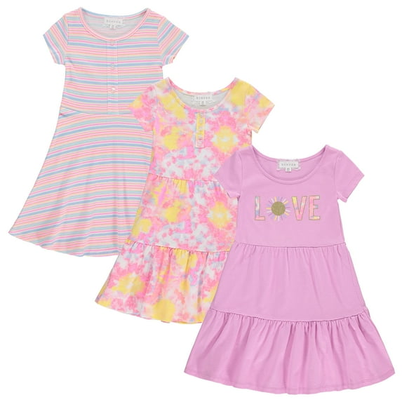 BTween 3-PC Girls Summer Dress Set - Short Sleeve Casual Skater Dresses - Stripe Grey/Floral Pink/Love Purple, Size 6-6X
