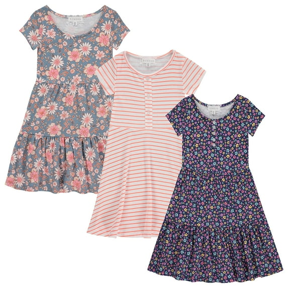 BTween 3-PC Girls Summer Dress Set - Short Sleeve Casual Skater Dresses - Stripe White, Floral Navy/Grey, Size 14-16