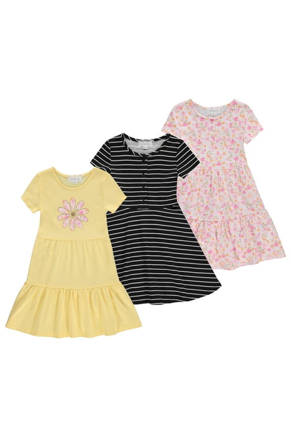 3-PC Girls Summer Dress Set - Short Sleeve Casual Skater Dresses with Stripe & Floral Print
