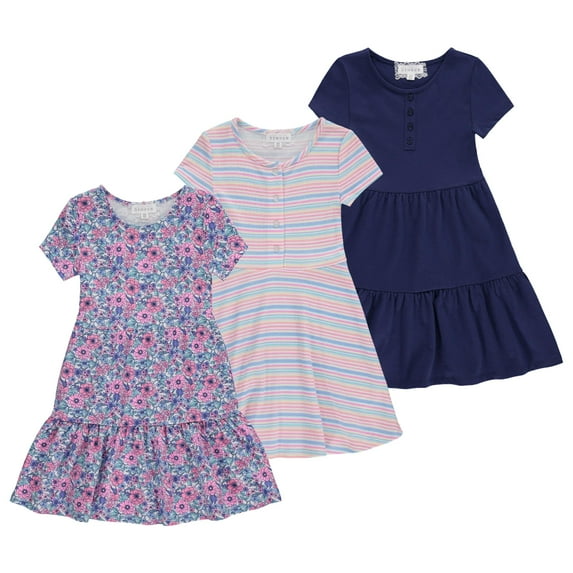 BTween 3-PC Girls Summer Dress Set - Short Sleeve Casual Skater Dresses with Stripe & Floral Print