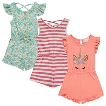 BTween 3-Pack Girls' Jumpsuits & Rompers, Sleeveless & Flutter Sleeve One Piece Overall Suit, Floral/Stripe/Unicorn/6-6X